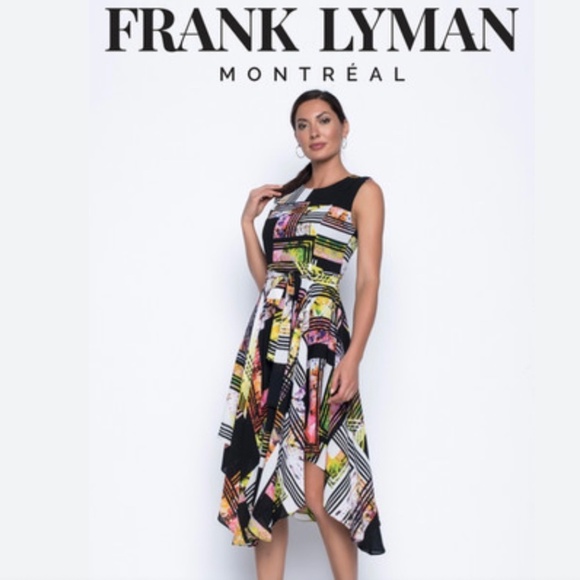 FRANK LYMAN Multi Colour Hankerchief Dress Fully Lined w/ Belt MADE IN CANADA 12 - Picture 1 of 10